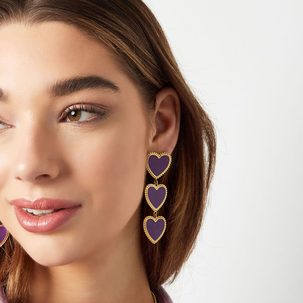 Long heart earrings purple