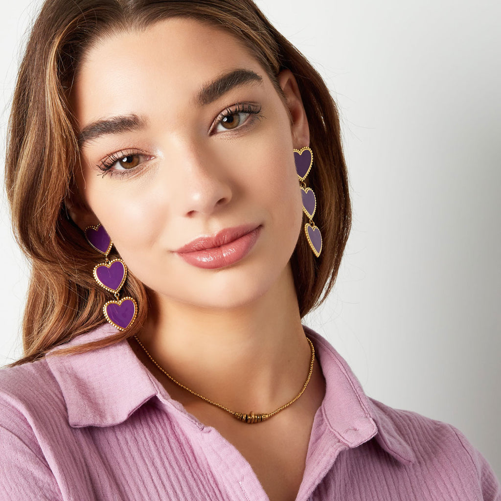 Long heart earrings purple