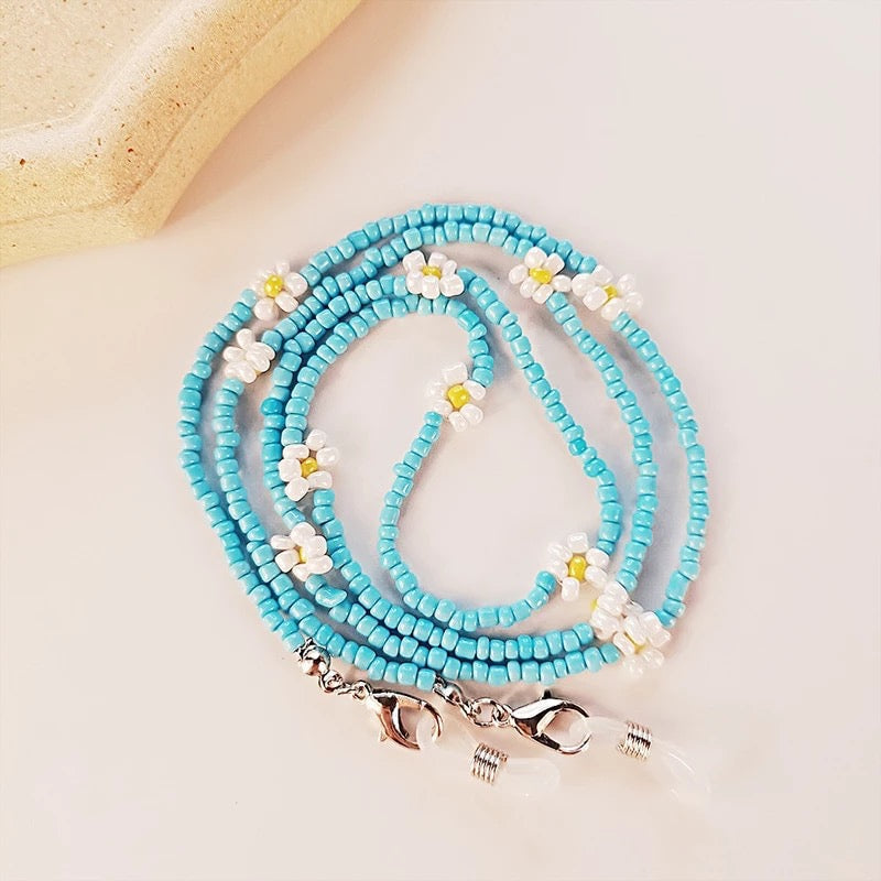 Sunglasses cord beads flowers blue